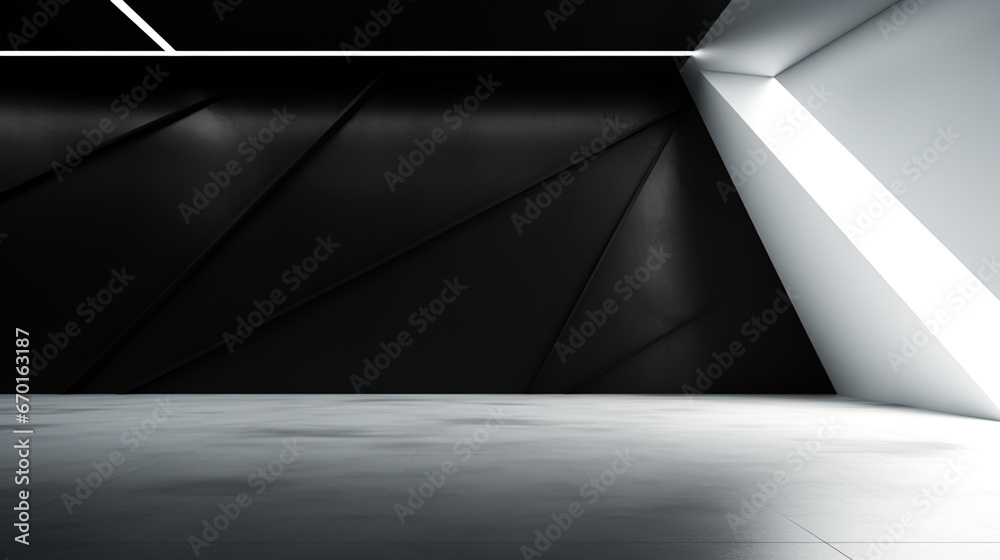 A dark room with a geometric wall pattern and a white light in the ...