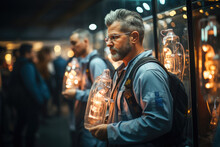 A Technician Closely Examines A Vintage-style Light Bulb In An Industrial Setting, Ensuring Its Quality And Functionality.