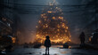 A lonely child standing in front of a big Christmas tree which is created from useless stuff in poor neighborhood. Huge Christmas Tree in the middle of empty street. Back view of a child