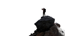 Adventure Man Hiker Standing On Top Of Mountain Peak. Cutout On White Background. 3d Rendering. PNG