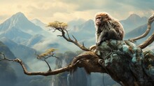 Male Monkey Sitting On A Tamarin Branch And Mountain Background