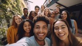 Fototapeta  - Multi ethnic student guys and girls taking selfie outdoors. Happy lifestyle friendship concept with young multicultural people having fun day together