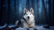 black and white siberian husky with blue eyes walks in the snow in winter against the background of the evening sky. happy Siberian Husky