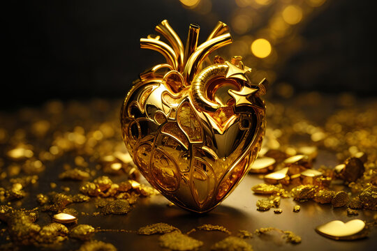 golden anatomical heart on blurred background with bokeh and space for text