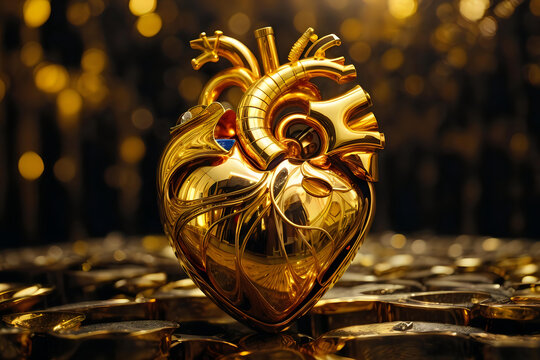 golden anatomical heart on blurred background with bokeh and space for text