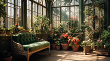 An Airy Greenhouse Filled With Lush Green Plants, Botanical Illustrations, And A Wrought-iron Bench