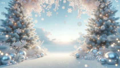 Wall Mural - Winter landscape with snow covered trees and christmas decorations.  Geneative ai.