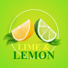 Poster - Fresh lime and lemon slice with green leaf