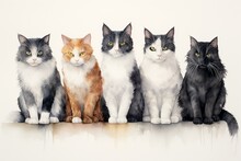 A Watercolour Painting Of Five Cats With Various Colors Sitting. Generative AI