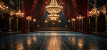 A Lavish Runway, Adorned With Velvet Curtains And Vintage Chandeliers.