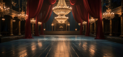 Aufkleber - A lavish runway, Adorned with velvet curtains and vintage chandeliers.
