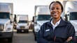 © Doni_Art - Portrait of smiling professional female truck driver. Truck vehicles in the background.