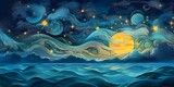 Fototapeta Kosmos - banner background, Fairytale magical sky with stars and moon. Gentle ocean waves on the bottom. Mystery scene for stargazers for mobile web, labels and adds. Vibrant teal, blue and yellow colors. chan
