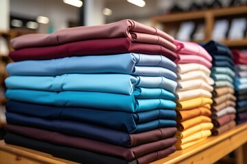 Poster - Close up of different colored men's t shirts folded on a sales shelf.