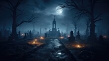 Dark Spooky Graveyard With Rolling Mist, Full Moon In The Sky, Scary, Halloween.