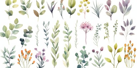 Wall Mural - Hand drawn vector watercolor set of herbs, wildflowers and spices..
