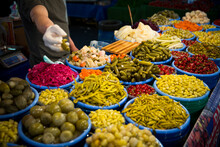 Traditional Turkish Pickles Displayed At A Market Stall