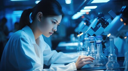 Aufkleber - A beautiful Chinese woman working in large modern laboratory with advanced equipment.