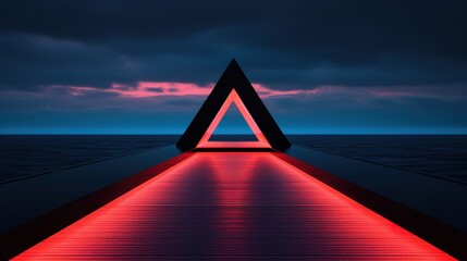 Poster - Generative AI, minimalist island paradise with geometric neon light bridge, futuristic landscape