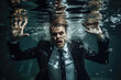 © ADDICTIVE STOCK - Generative AI illustration of frustrated male entrepreneur in elegant suit underwater while screaming and looking at camera