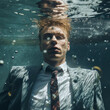 © ADDICTIVE STOCK - Generative AI illustration of exhausted male entrepreneur in elegant suit underwater while looking at camera