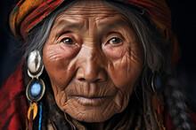 Generative AI Image Of An Elderly Indigenous Woman Wearing A Colorful Headscarf And Traditional Jewelry, Gazing Intently To The Camera