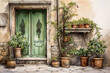 © ADDICTIVE STOCK - Generative AI image of a rustic and weathered facade in Tuscany, Italy, showcasing an aged wooden door surrounded by crumbling walls and lush potted plants