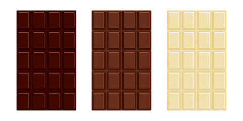 Set of three types of chocolate bars, dark milk and light with different colors. Vector illustration.