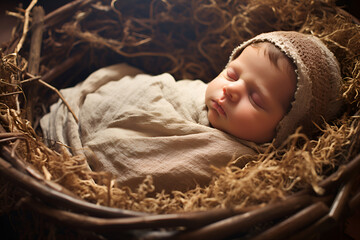 Infant Jesus rests in a manger on a bed of hay, depicting the Nativity scene