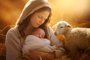 Wall Mural - Mary with her newborn son and lamb in the hay, Nativity of Jesus