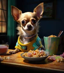 Poster - A small Chihuahua dog sitting at a table with a plate of food. Generative AI.