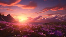 A Breathtaking Sunset Over A Landscape Covered In Celestial Celandine, With The Sky Painted In Shades Of Orange And Purple.