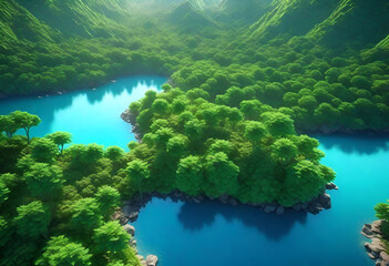 wonderful blue shore with great green plants on the land