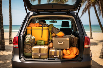 Open trunk of a car with suitcases and belongings, traveling by car to the sea or ocean coastline