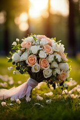 Wall Mural - Beautiful bridal bouquet on a green lawn.