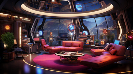 Sticker - A futuristic science fiction-themed room with holographic displays, neon lighting, and futuristic furniture