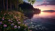 A serene lakeside landscape with the reflection of the evening sky in the water, framed by a profusion of Twilight Trillium flowers in full bloom along the shore.