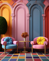 Wall Mural - A very bright and colorful room with colored chairs and a table, an arched wall and living plants, a fashionable stylish interior