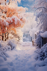 Wall Mural - Bushes and trees after a big snowfall. Snow - covered alleys of parks and gardens. Branches of bushes and trees in winter in nature.