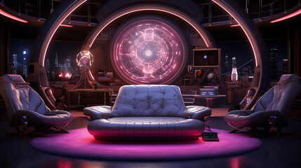 Sticker - A futuristic science fiction-themed room with holographic displays, neon lighting, and futuristic furniture