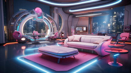 Sticker - A futuristic science fiction-themed room with holographic displays, neon lighting, and futuristic furniture