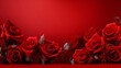 Red roses flower on red background. Copy space above. Flower frame. Top view. High quality photo. Generative AI