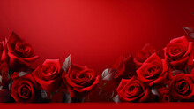 Red Roses Flower On Red Background. Copy Space Above. Flower Frame. Top View. High Quality Photo. Generative AI