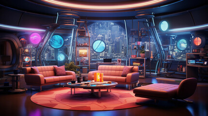 Sticker - A futuristic science fiction-themed room with holographic displays, neon lighting, and futuristic furniture