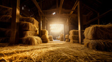 Dry Hay Stacks In Rural Wooden Barn Interior On The Farm.