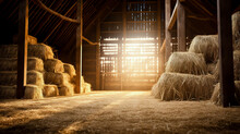 Dry Hay Stacks In Rural Wooden Barn Interior On The Farm.