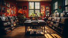 A Vintage Record Store Interior, Showcasing Shelves Of Vinyl Records, Vintage Posters, And A Retro Turntable