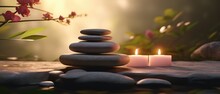 Minimalist Tranquil Meditation Zen Garden With Candles And Stacked Rock Balancing  Stones Art. 