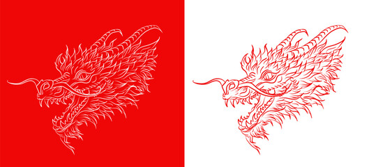 2 posters with angry dragon head in Asian outline style. Red and white Chinese mythological reptile. Dragon as 20024 new year symbol