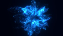 Small Electric Blue Glowing Particles Shape A Sci-fi Sphere Splash On Black Backdrop. Space Futuristic Vibrant And Dark Background 8k 16:9. Vibration Of Bundle Of Energy. Abstract Molecules Explosion